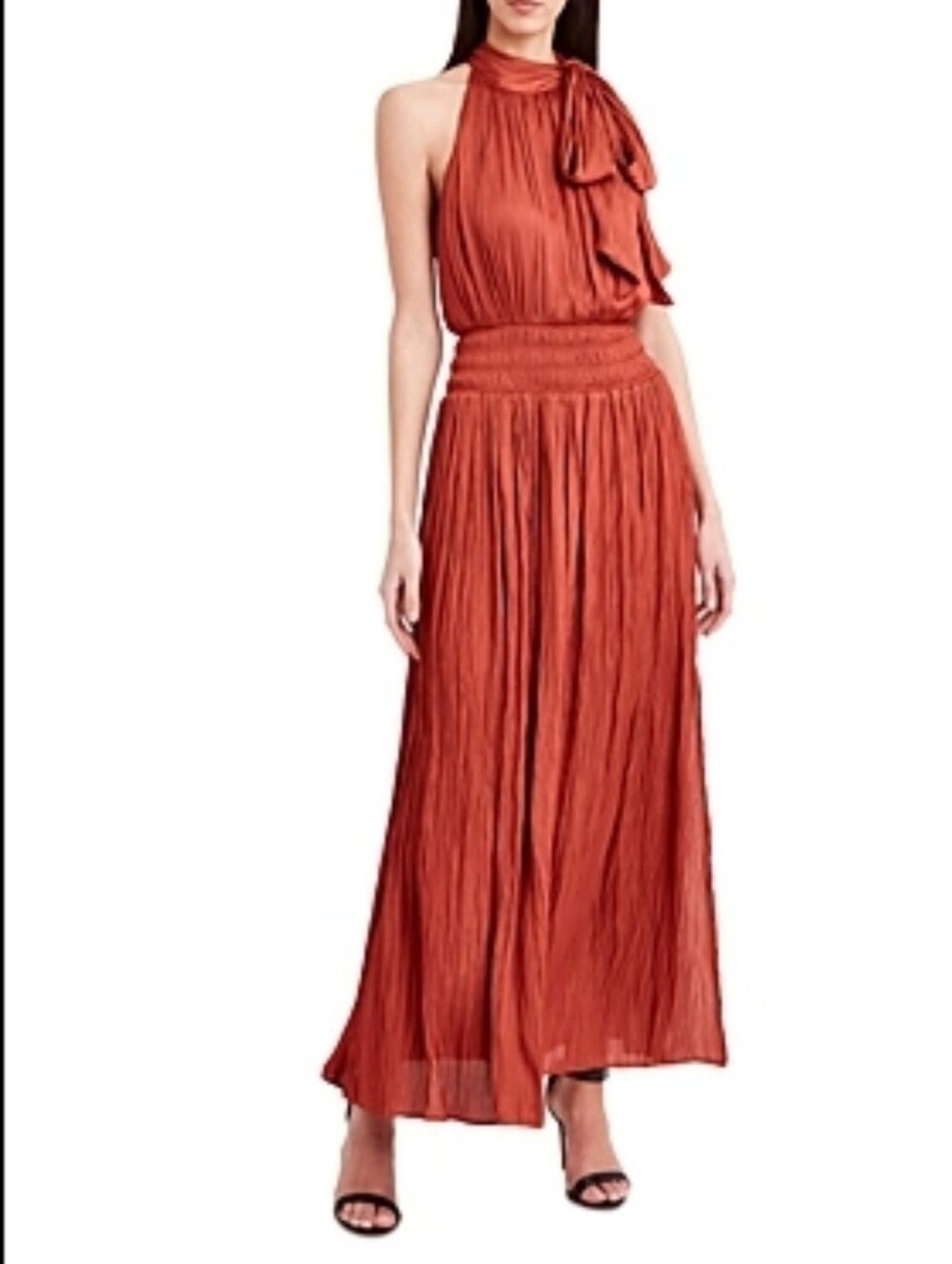 BCBGMaxAzria Tandori Spice Smocked Halter Maxi Dress With Bow Tie Neck Detail - Picture 1 of 9